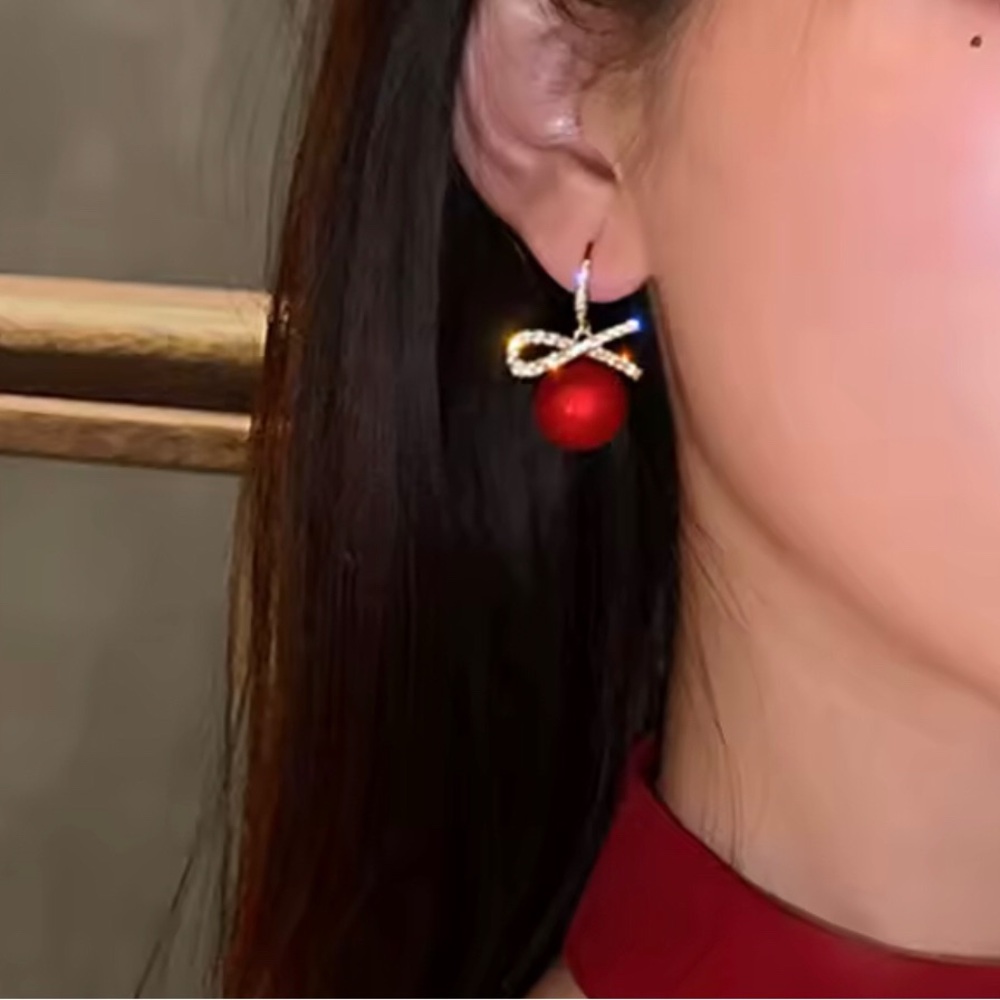 Elegant Gold Bow Red Drop Earrings - Picture 2 of 2